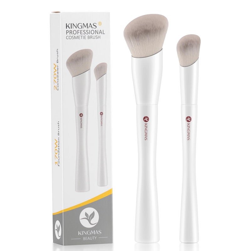 KingMas Angled Foundation Brush Concealer Brush, Premium Kabuki Makeup Brush for Liquid, Blending, Cream, Powder, Blush Buffing Stippling Face Makeup Tools White (White, B. 2Pcs (170W/270W)) - Image 1